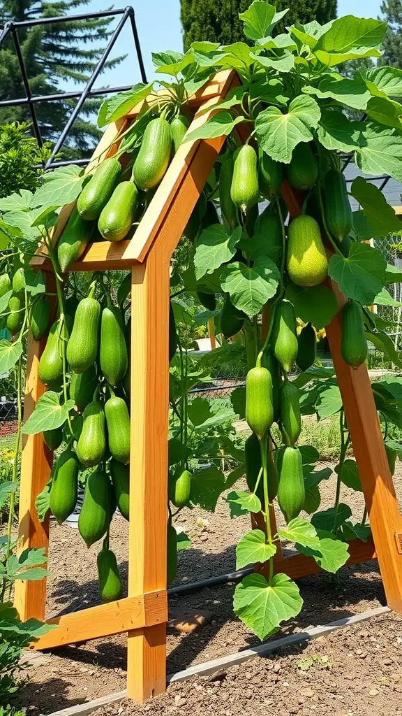 A vibrant A-frame cucumber trellis supporting healthy cucumber plants.