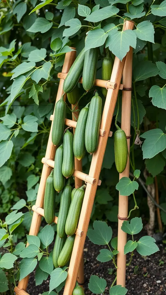 A bamboo ladder trellis supporting green cucumbers with lush leaves surrounding it.