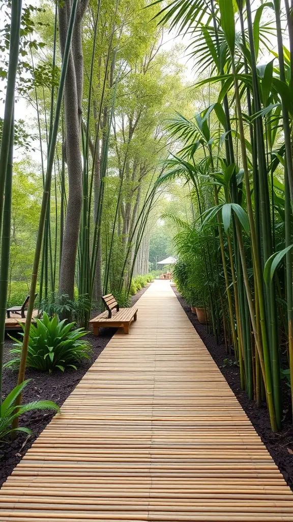 A bamboo walkway surrounded by lush plants in a serene garden.