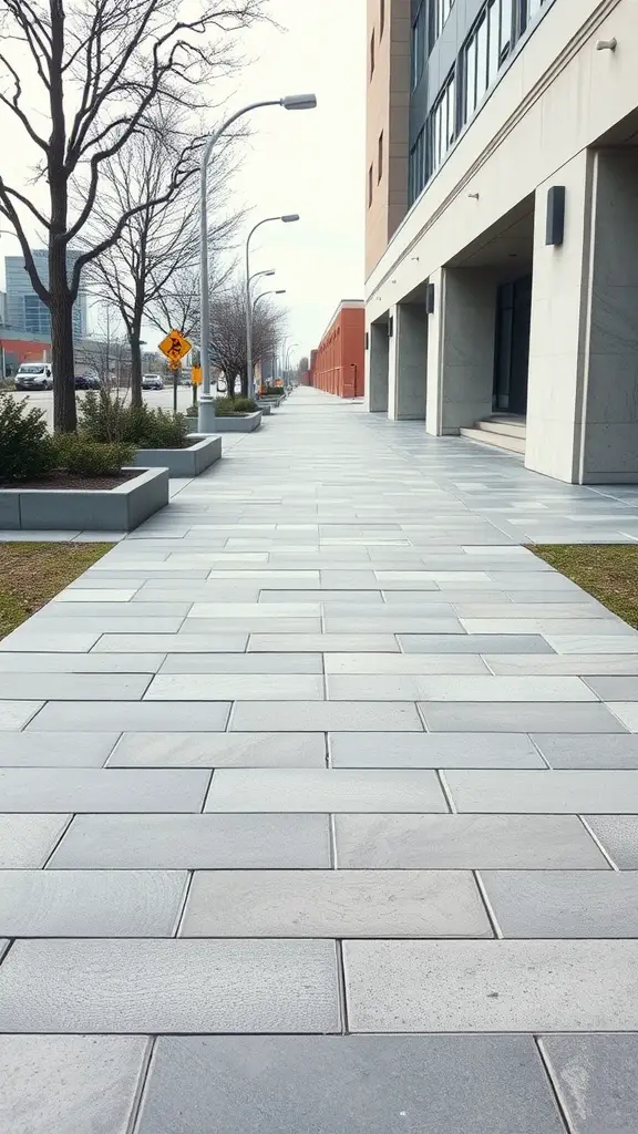 A modern cement block walkway with clean lines and greenery on the side.