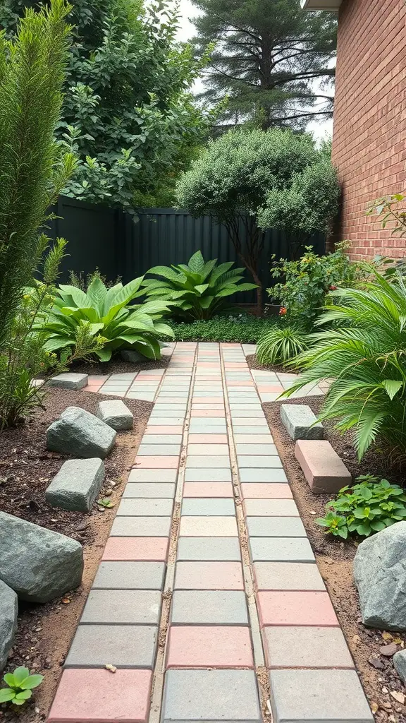 A colorful cinder block pathway leading through a lush garden.