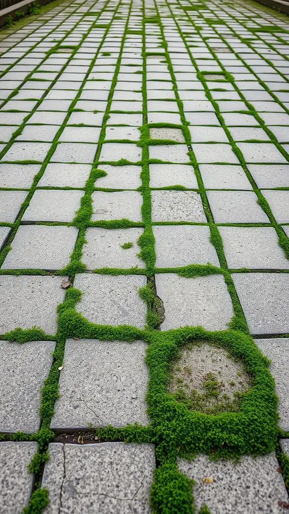 A walkway made of concrete pavers with lush green moss growing between them.