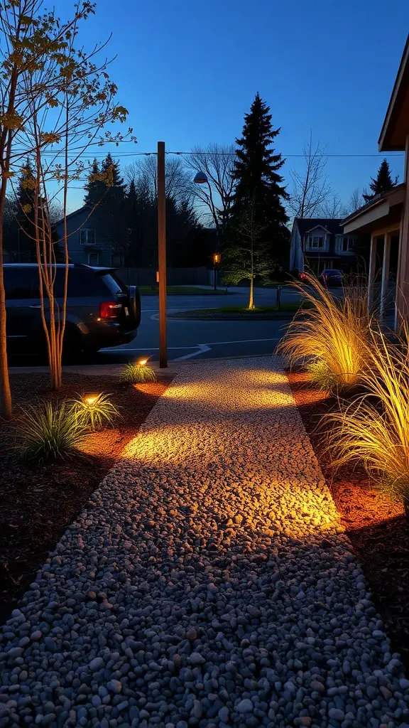 A decorative gravel path illuminated by lights at dusk