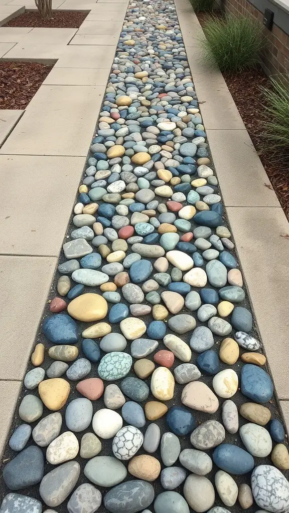 A colorful pebble walkway surrounded by concrete slabs and greenery.