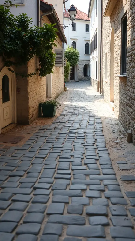 Charming cobblestone walkway with sand filling gaps, lined by buildings