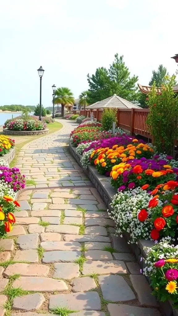 A flagstone pathway lined with colorful flowers, leading to a scenic area.