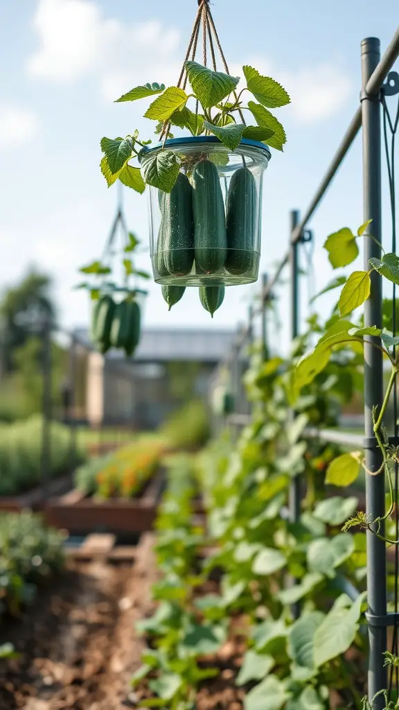 Floating planter with cucumbers hanging in a garden setting