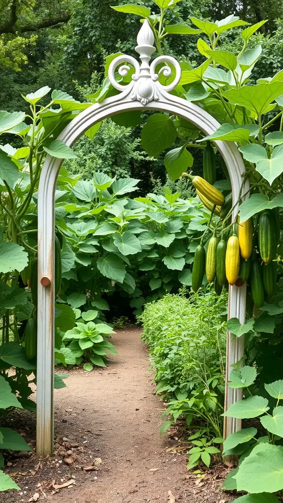 A decorative arch in a garden, surrounded by lush cucumber plants with cucumbers growing on the arch.