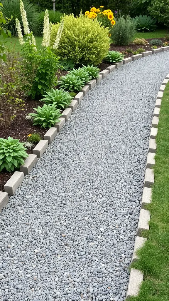 A gravel walkway surrounded by plants and decorative concrete edging.