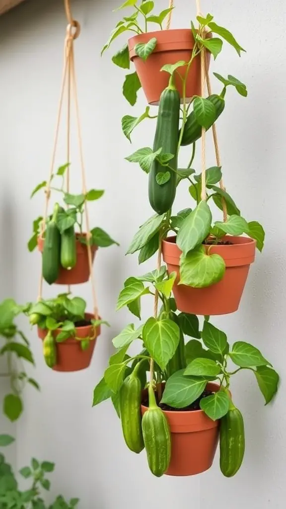 Hanging pots with cucumber plants and cucumbers growing downwards.