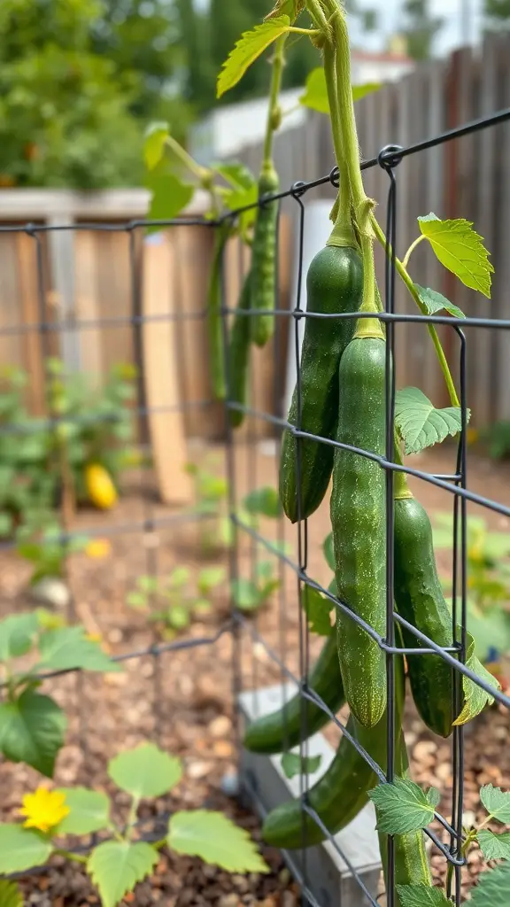 Cucumbers growing on a hog wire trellis in a garden