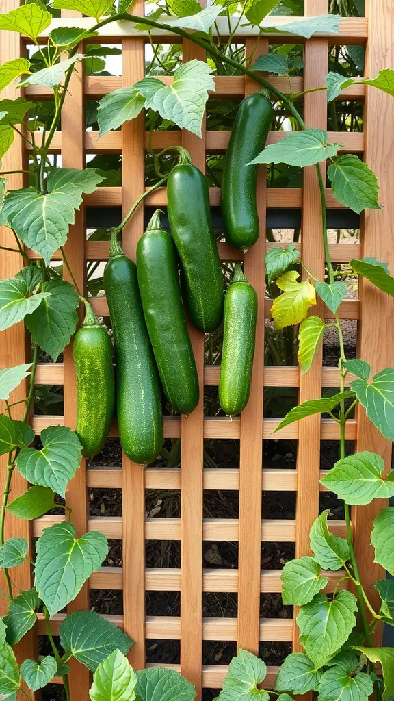 Lattice panel cucumber frame with cucumbers growing on it