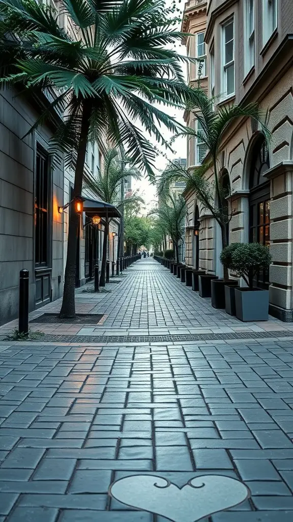 A beautiful walkway lined with palm trees and cobblestone replicas, showcasing modern architecture and inviting atmosphere.