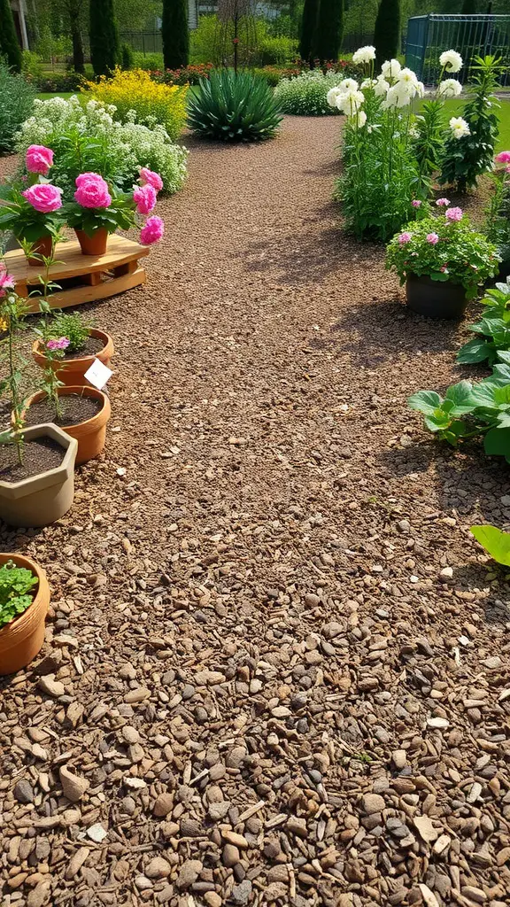 A mulch path surrounded by colorful flowers and green plants, showcasing a natural garden walkway.