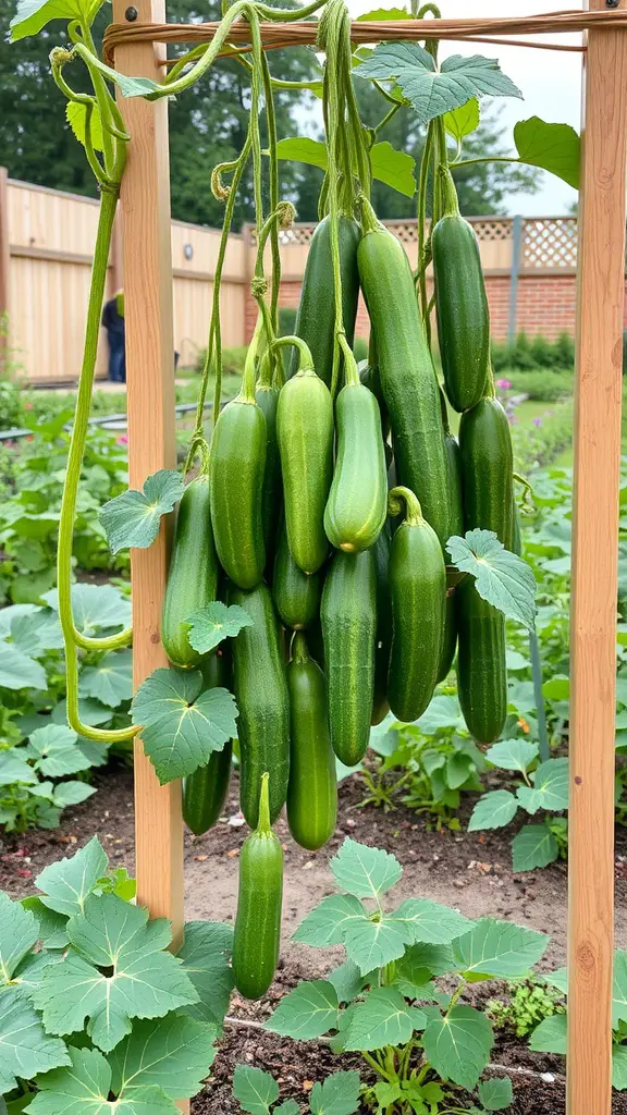 A multi-level trellis with a cluster of ripe cucumbers hanging from it in a garden.