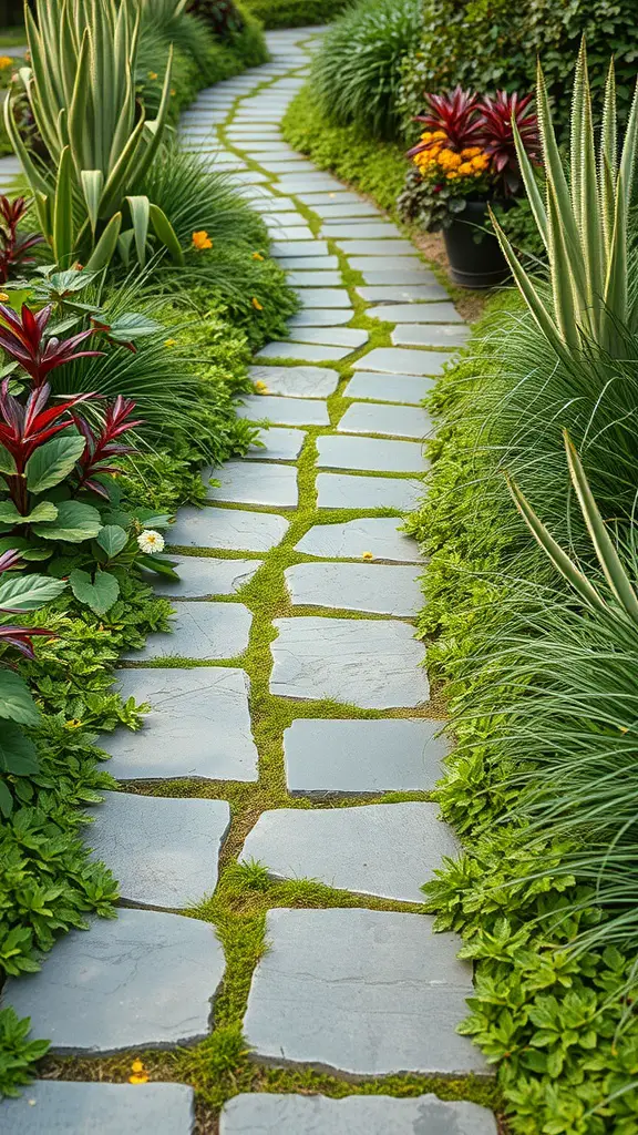 A winding natural slate pathway surrounded by lush green plants and flowers.