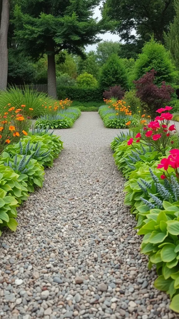 A serene pea gravel walkway bordered by colorful flowers and lush greenery.