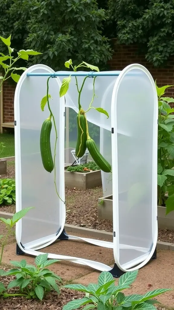 A portable cucumber trellis with cucumbers hanging from it, set in a garden.