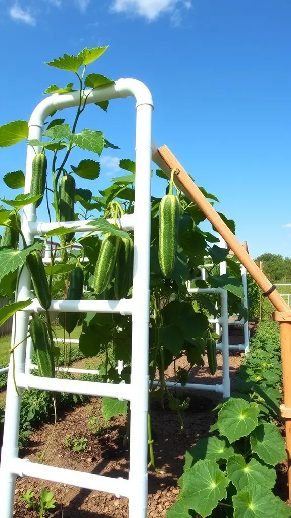 A cucumber trellis made of PVC pipes with cucumbers hanging from it under a clear blue sky.