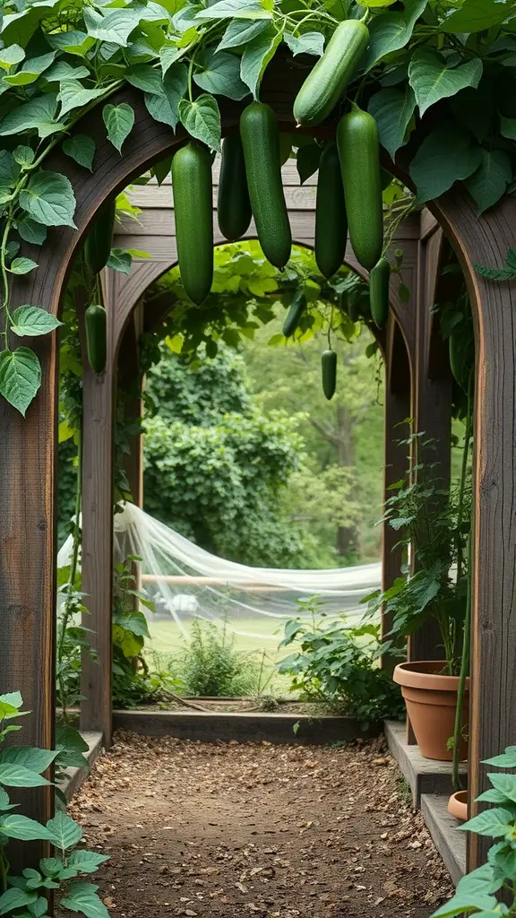 A garden pathway framed by reclaimed wood arches covered in cucumber vines and hanging cucumbers.