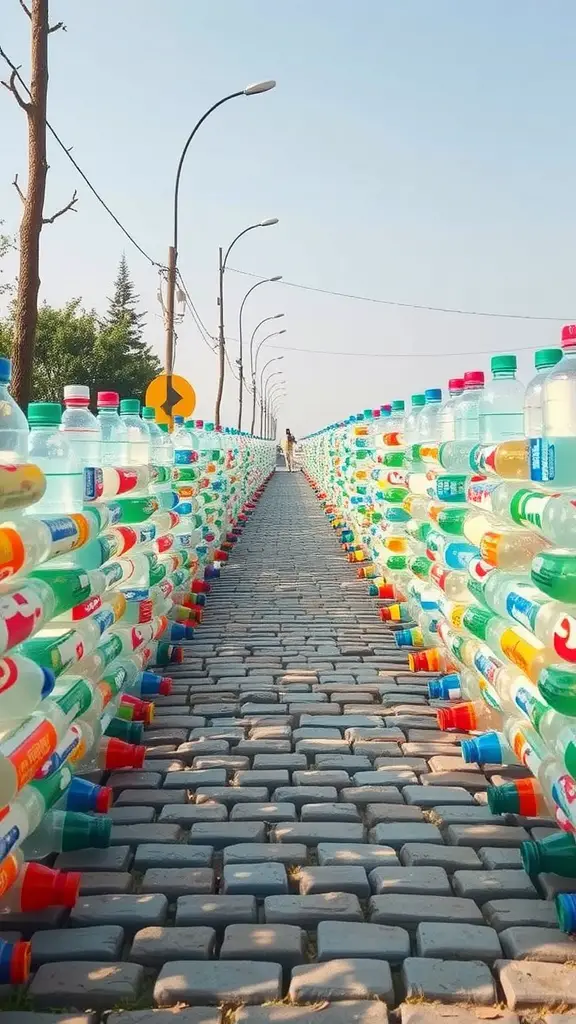 A walkway made of recycled plastic bottles lined along a stone path.