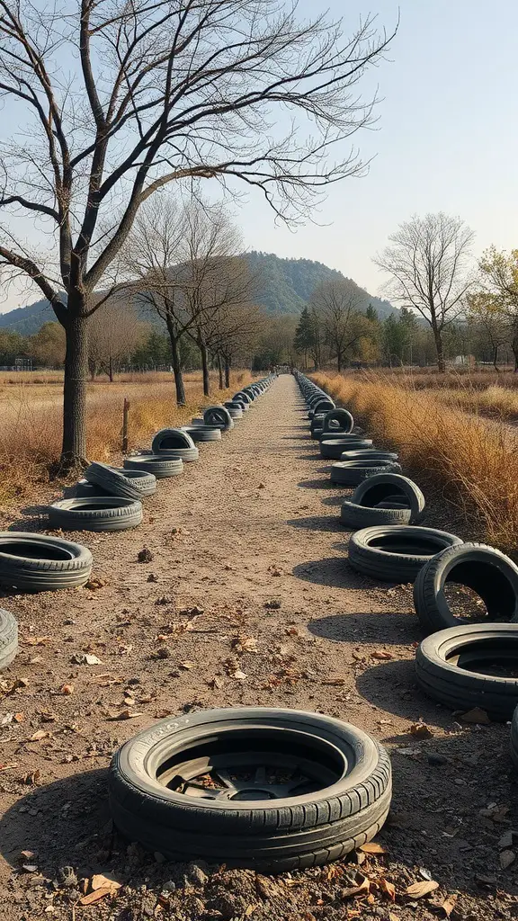 A pathway made of recycled tire rims lined with trees and grass