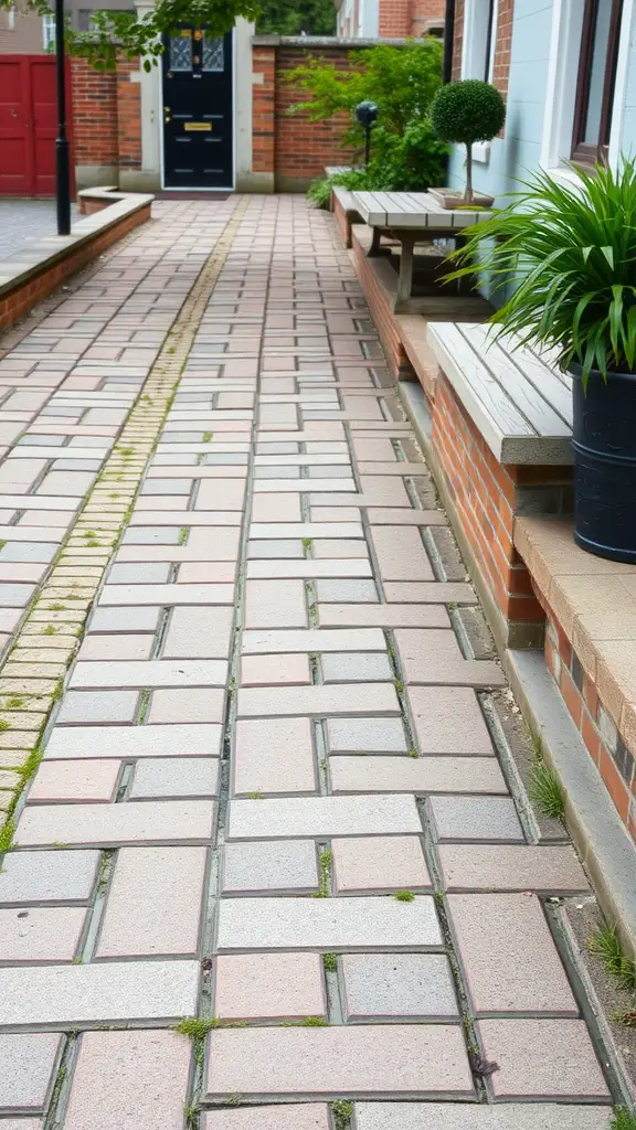 A stylish repurposed brick walkway with a zigzag pattern, surrounded by greenery and benches.