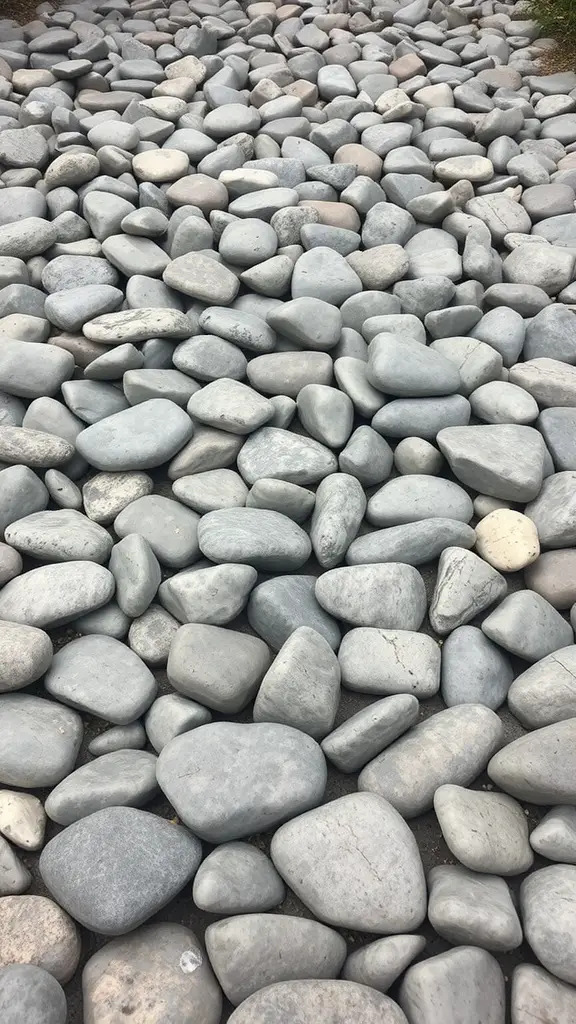 A close-up view of a pathway made of smooth river rocks