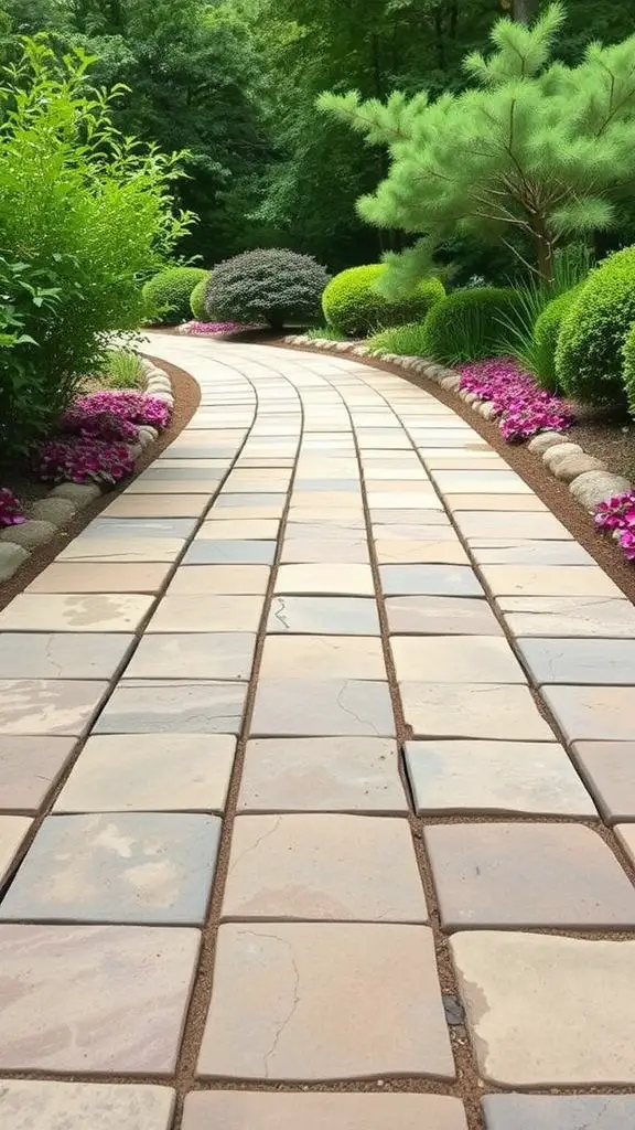 A curving sandstone slab walkway surrounded by greenery and flowers.