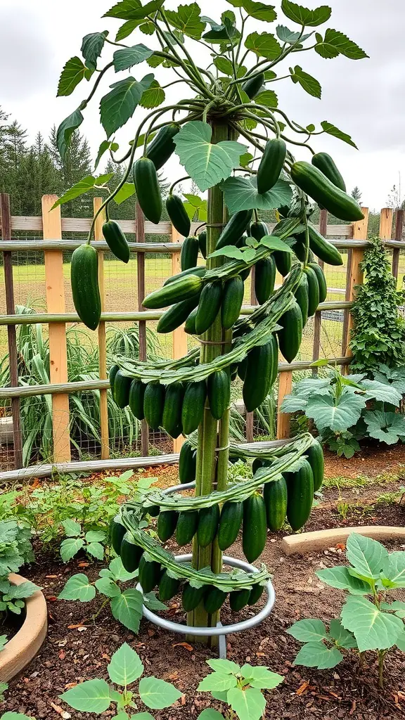 A spiral cucumber trellis with cucumbers growing and hanging down.