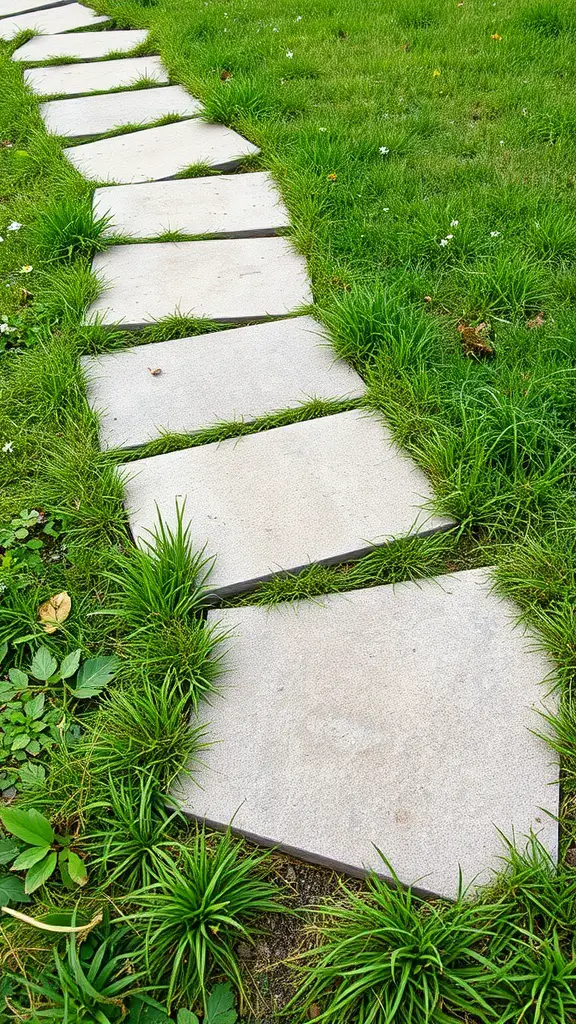 A winding pathway made of concrete stepping stones surrounded by green grass