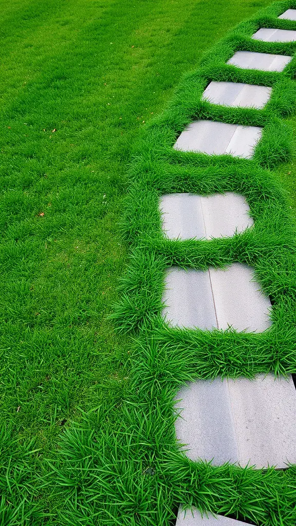 Stepping stones embedded in green grass, forming a pathway.