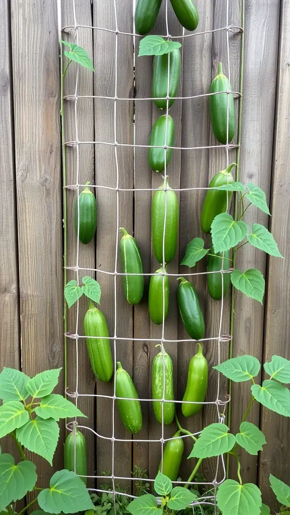 A string trellis system supporting green cucumbers growing against a wooden fence.