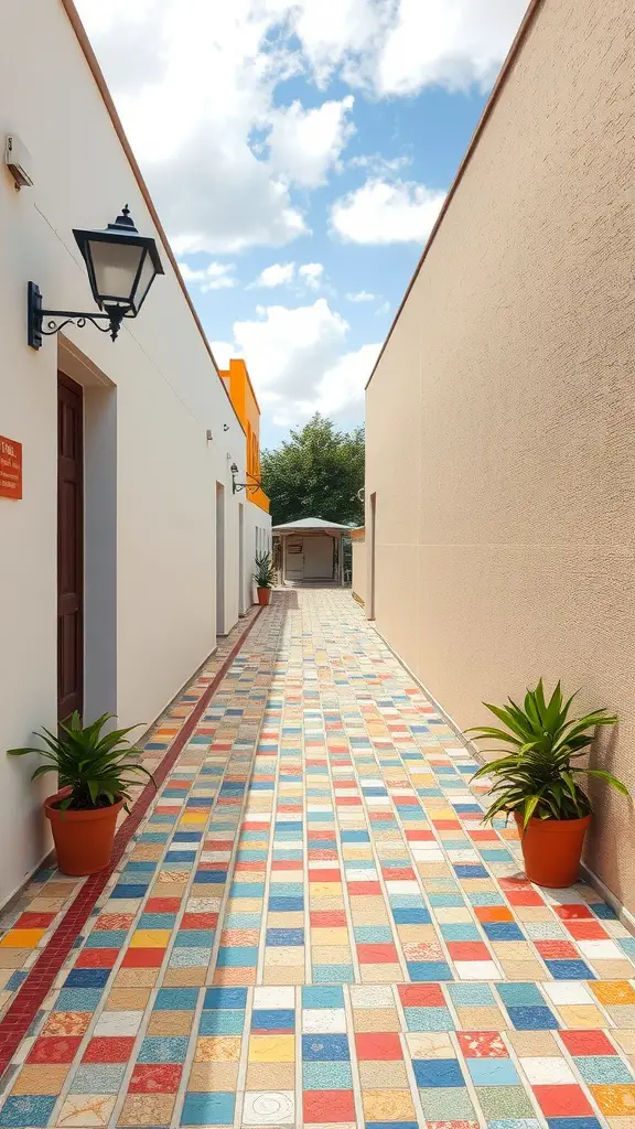 Colorful tile mosaic walkway with potted plants on either side