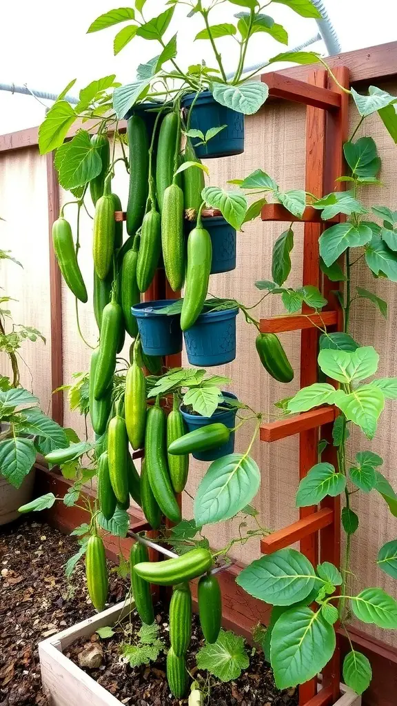 A vertical garden setup with cucumbers growing in pots on a trellis