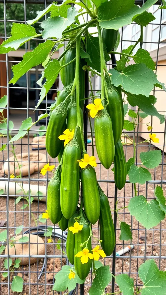 Cucumbers growing on a wire mesh trellis with yellow flowers