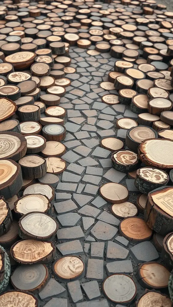 A rustic wood slice walkway made of wooden rounds and dark stones