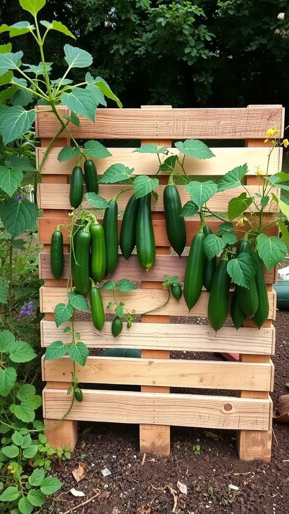 A wooden pallet used as a trellis supporting growing cucumbers.