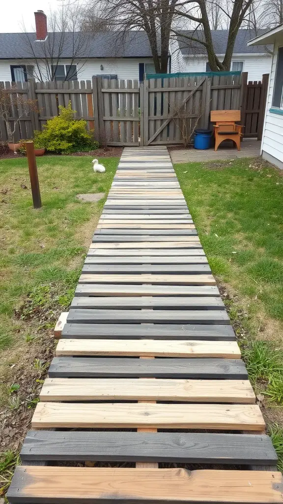 A wooden pallet walkway through a garden with green grass and a white decoration.