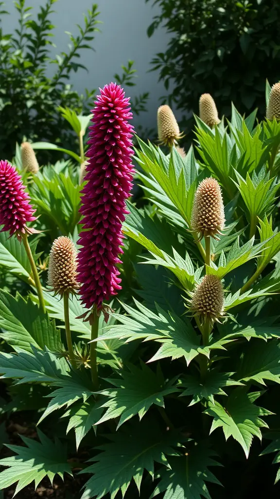 34 Gorgeous Shade Garden Plants for a Lush Landscape 26 Acanthus plant with bold green foliage and tall purple flower spikes