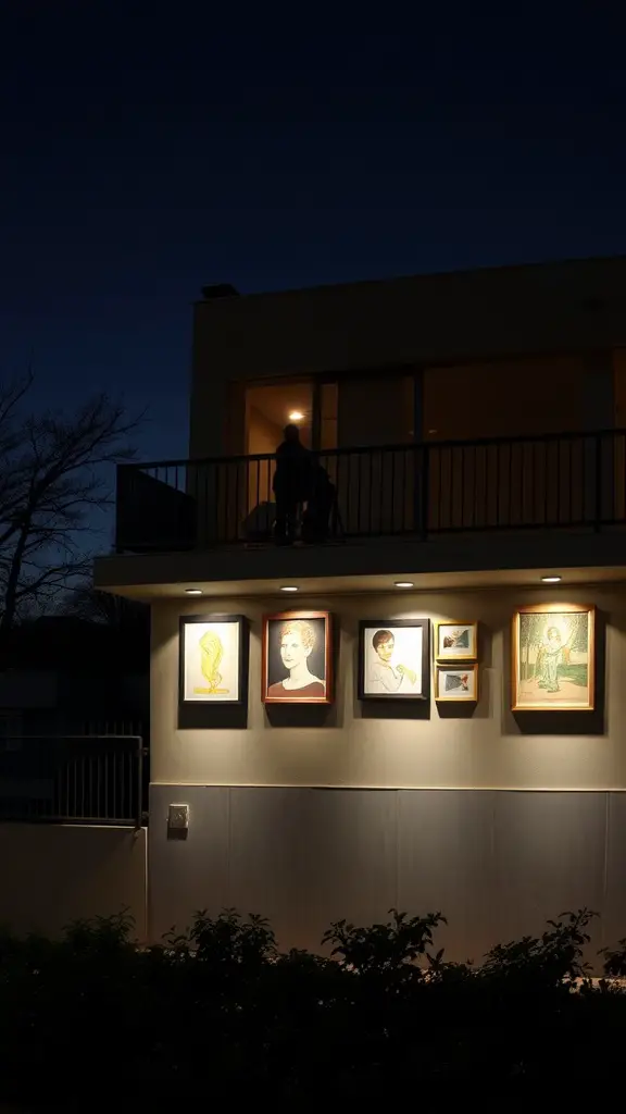 A balcony showcasing artwork illuminated by accent lighting