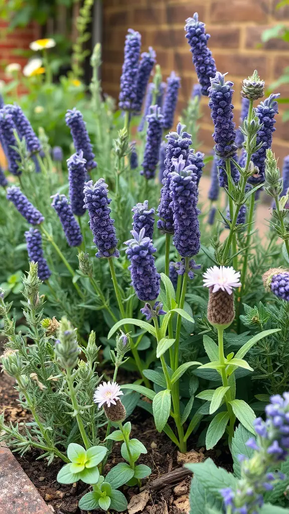 A close-up of aromatic plants featuring lavender and other herbs in a small garden