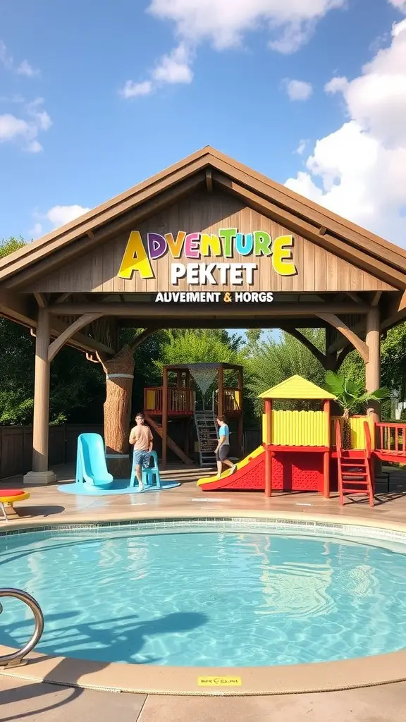 A colorful playground pavilion with a pool, featuring slides and play structures.