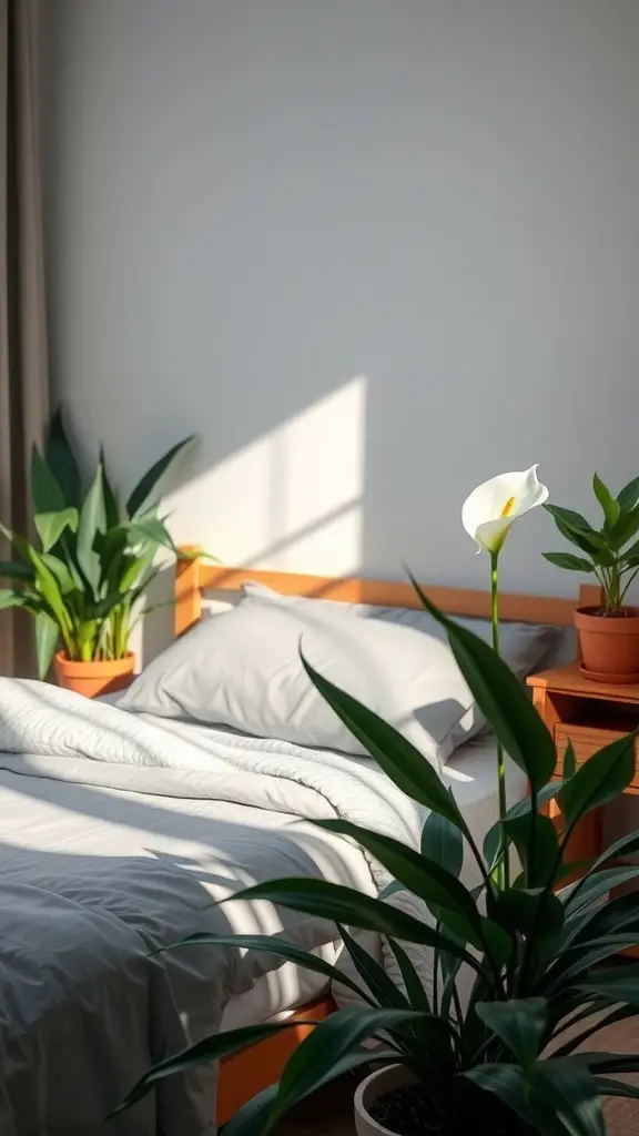 A cozy bedroom featuring a bed with soft linen, surrounded by green plants in pots.