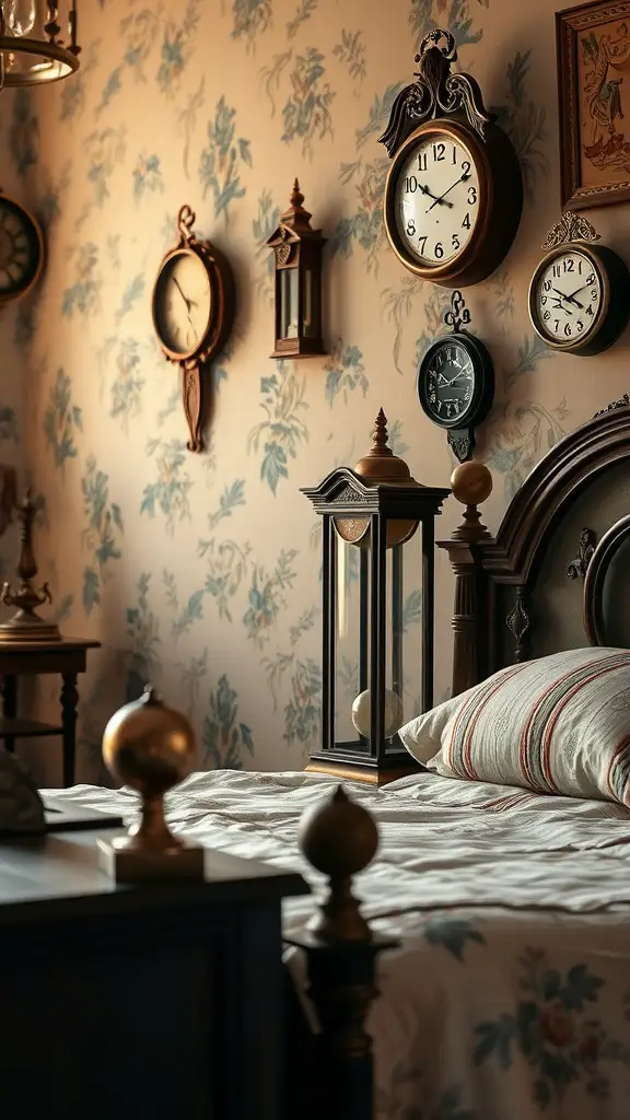 Vintage bedroom featuring multiple antique clocks on the wall and a cozy bed