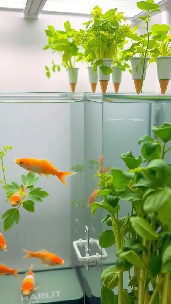 31 Creative Herb Garden Ideas for Every Space 16 An aquaponic herb garden featuring orange fish and green herb plants in white pots.
