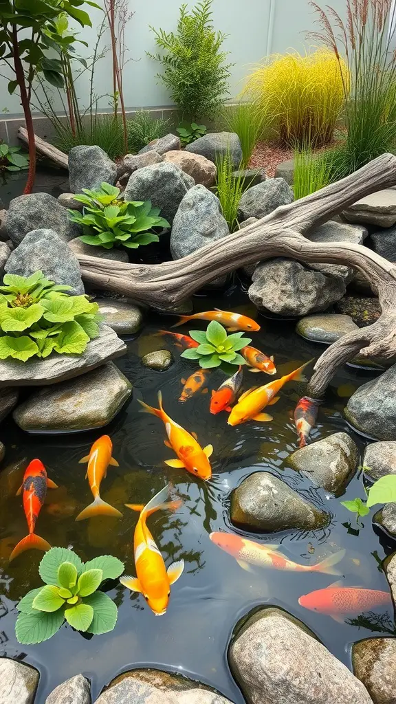 An aquascaped koi pond featuring colorful koi fish, smooth stones, and lush aquatic plants.