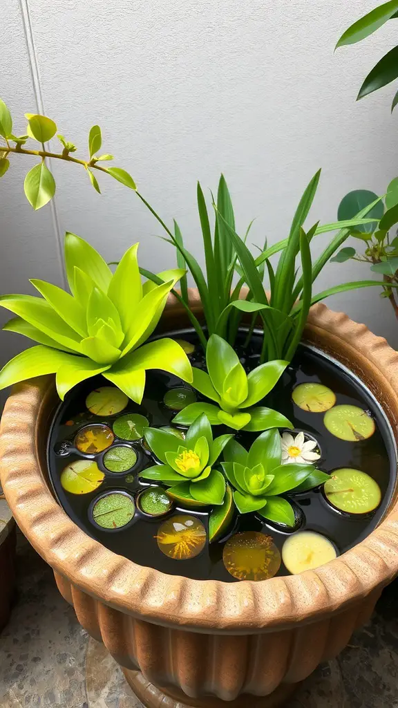 A container filled with aquatic plants, including water lilies and other greenery, showcasing a serene garden feature.