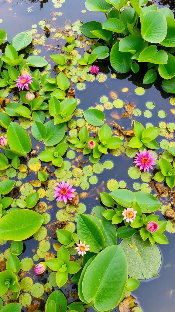 A serene pond filled with vibrant water lilies and green lily pads, creating a tranquil aquatic garden.