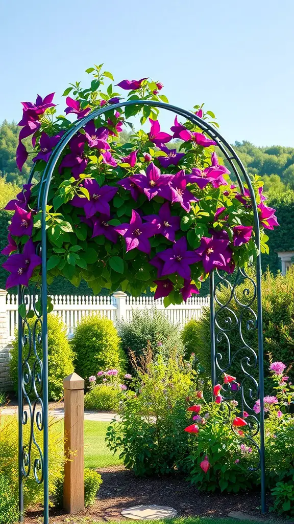 21 Stunning Clematis Trellis Ideas for Your Garden 10 An arched metal trellis adorned with vibrant purple clematis flowers in a lush garden.